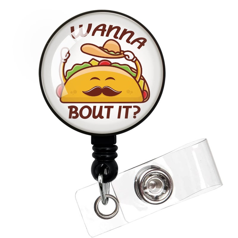Wanna Bout It Funny Badge Reel قابل للسحب، حامل شارة بطاقة الهوية مع مشبك التمساح، شارة أخصائي أمراض النطق، هدية SLP، شارة معالج النطق، شارة ممرضة طبية MD RN، معرف - Image 1